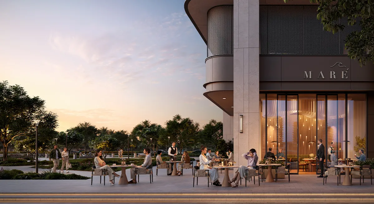 Ground-floor dining terrace on the marina promenade, Emaar render