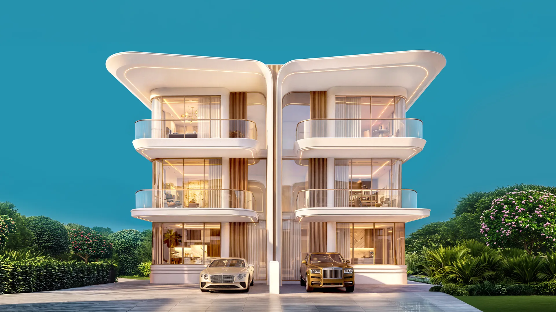 Front elevation of a Greenz semi-detached villa with glazed balconies
