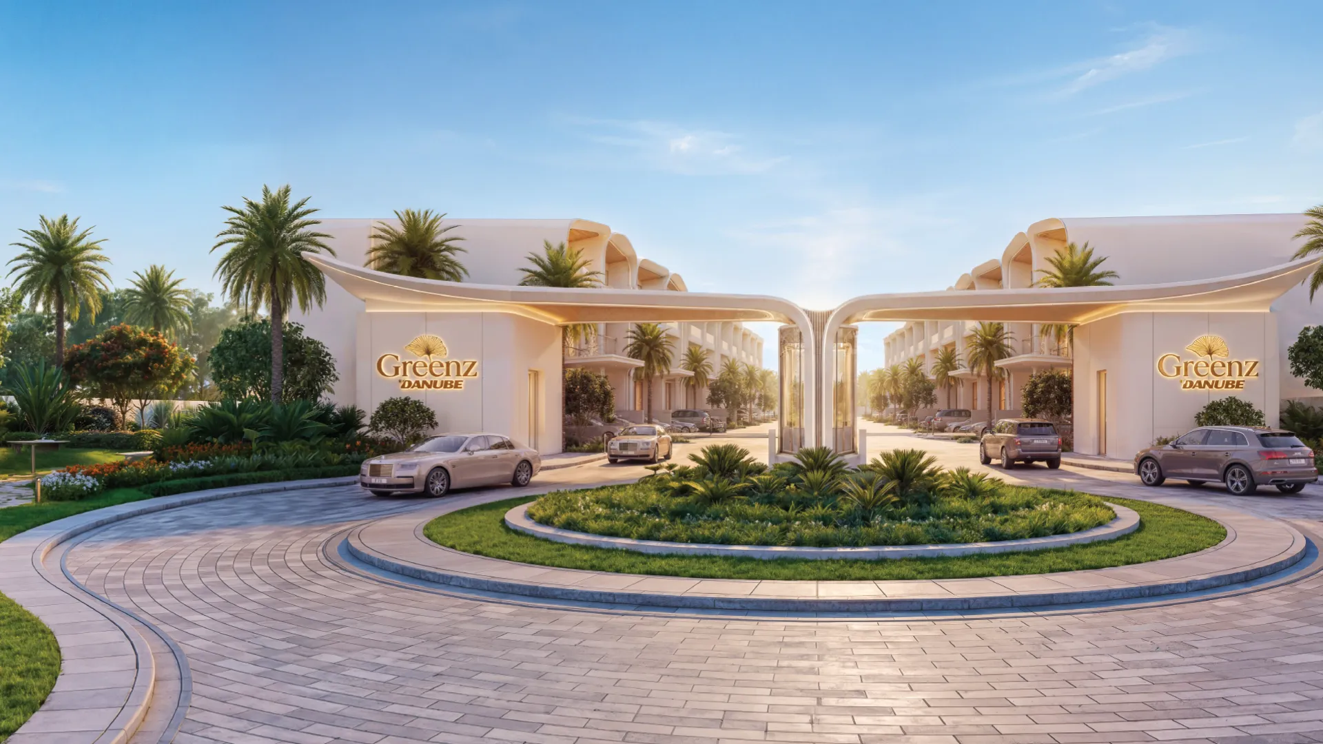 Gated entrance and roundabout at Greenz by Danube