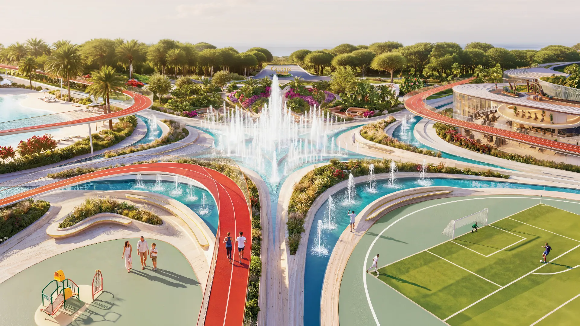 Aerial render of the Greenz amenity hub with fountain, running track and sports pitch