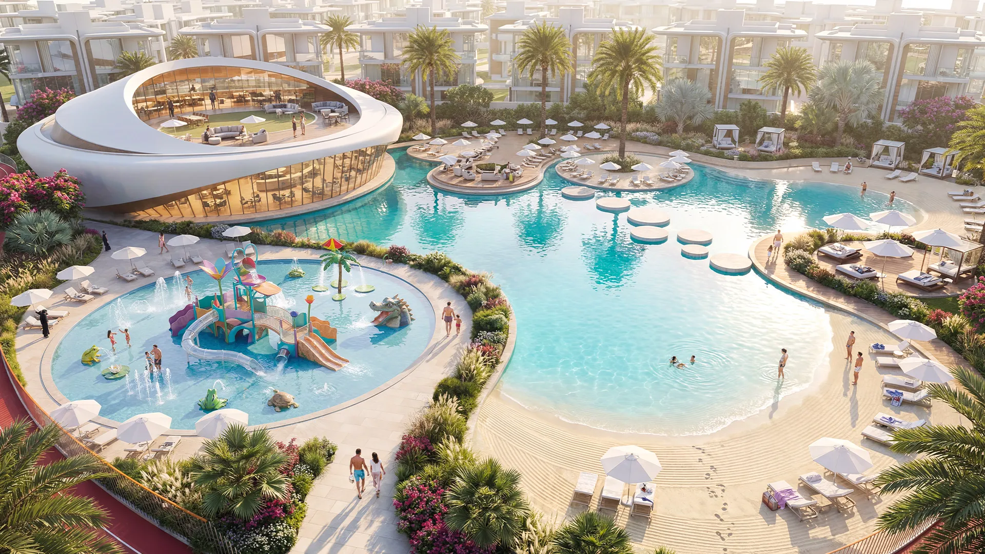 Lagoon-style pool, children's splash area and clubhouse at Greenz