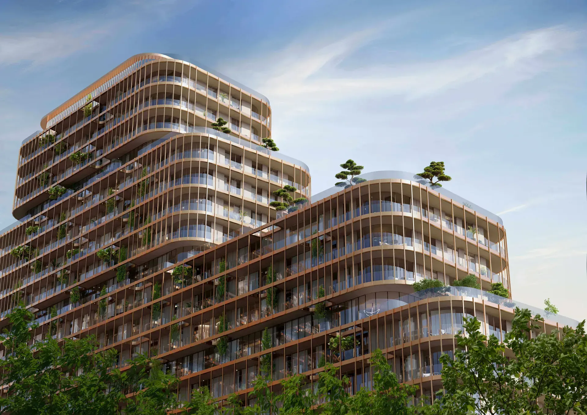 Render of a Hado tower's stepped, planted terraces