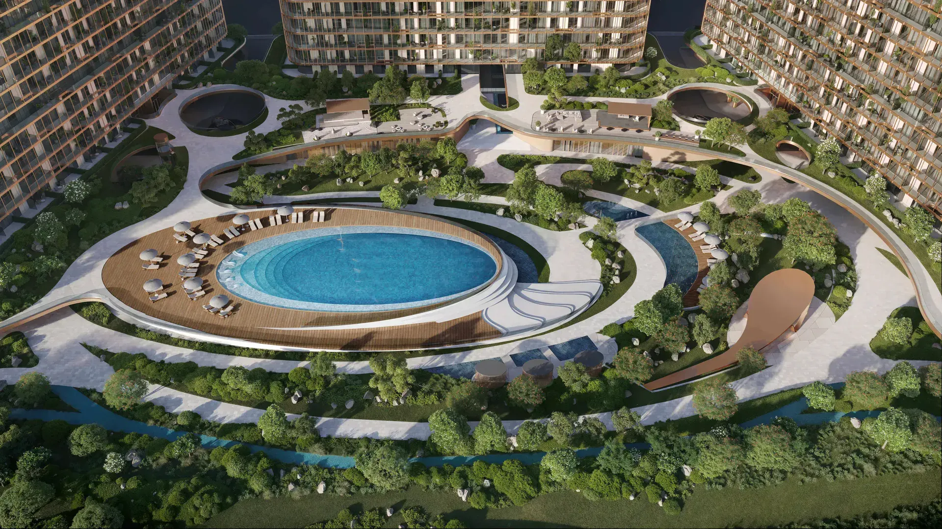 Aerial render of Hado's landscaped podium gardens and circular pool