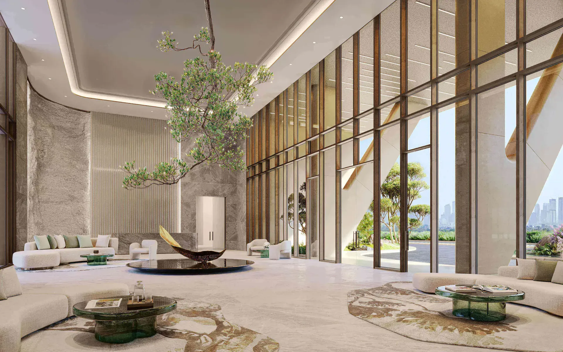 Render of the Hado lobby with double-height glazing and a central tree
