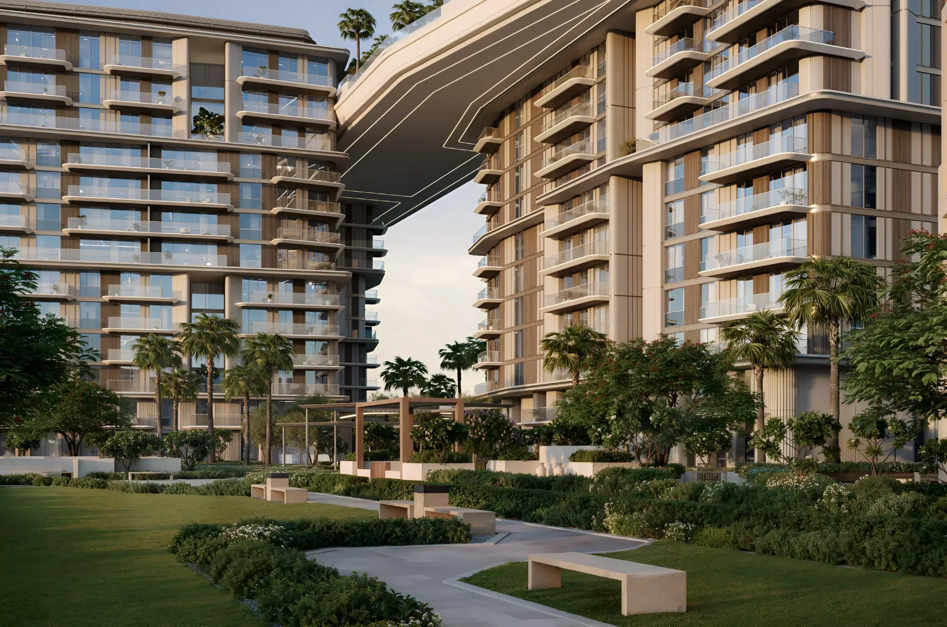 Nourelle buildings linked by the skybridge above landscaped gardens, Meraas render