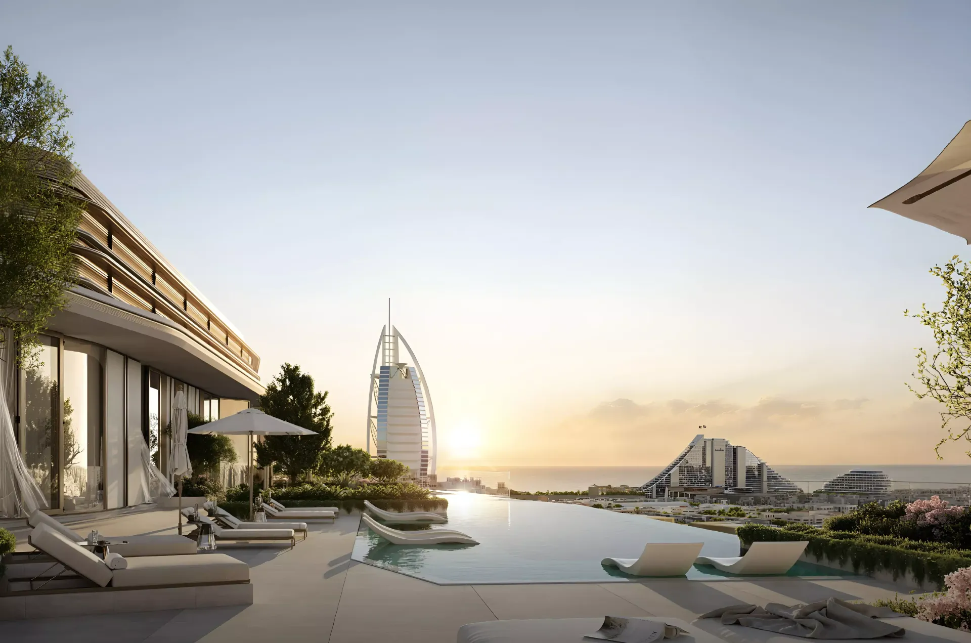 Infinity pool on the Nourelle skybridge facing the Burj Al Arab at sunset, Meraas render
