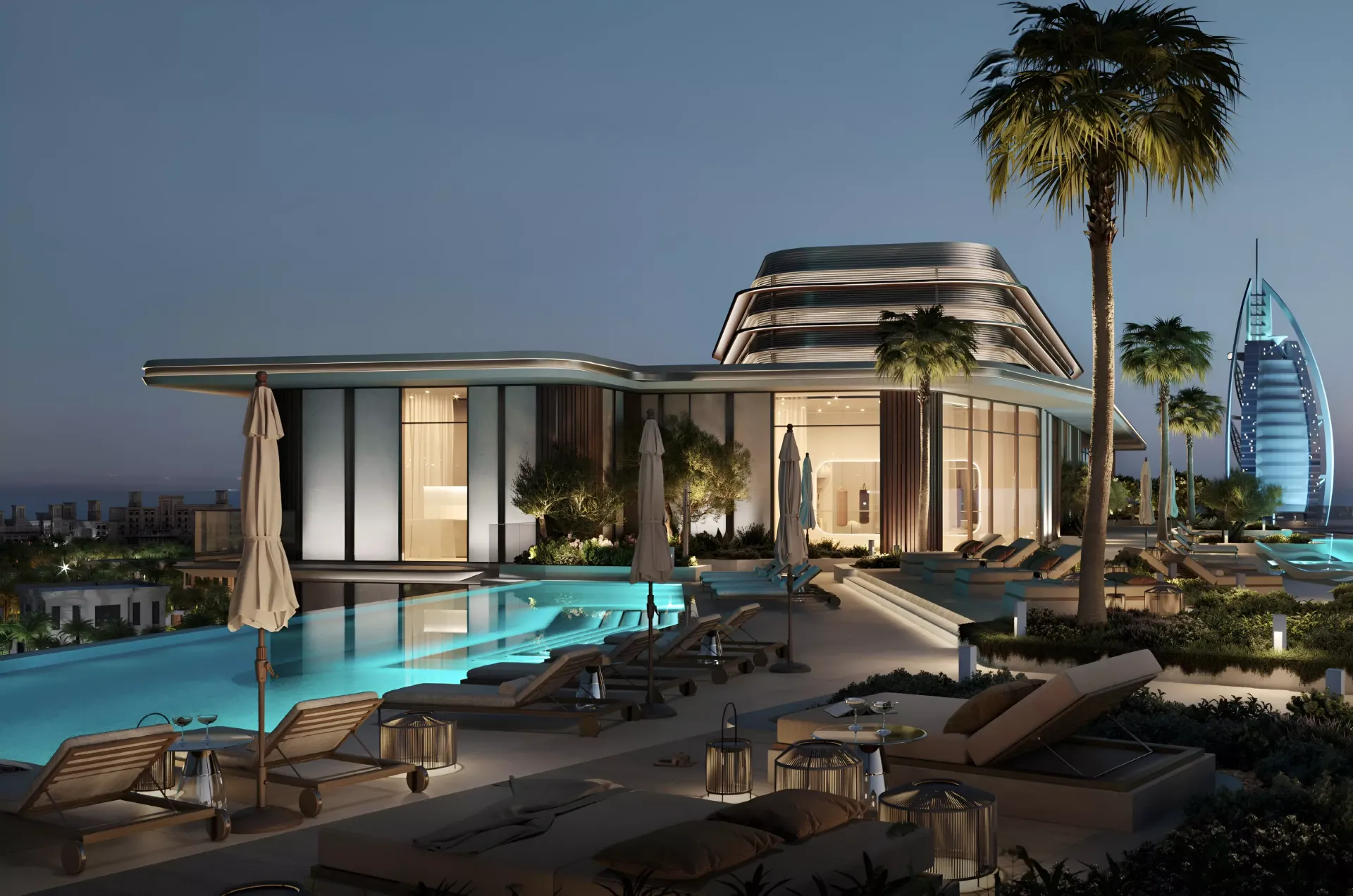 Skybridge pool deck at Nourelle in the evening, Meraas render