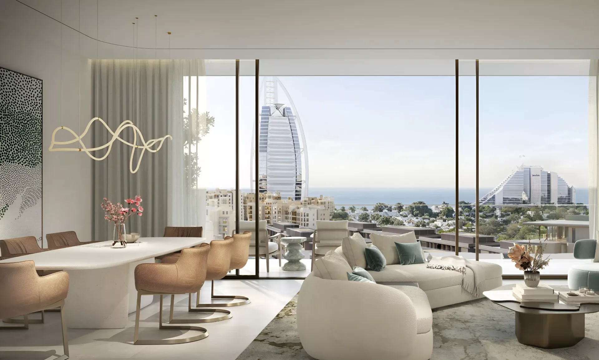 Living and dining room at Nourelle with a view of the Burj Al Arab, Meraas render