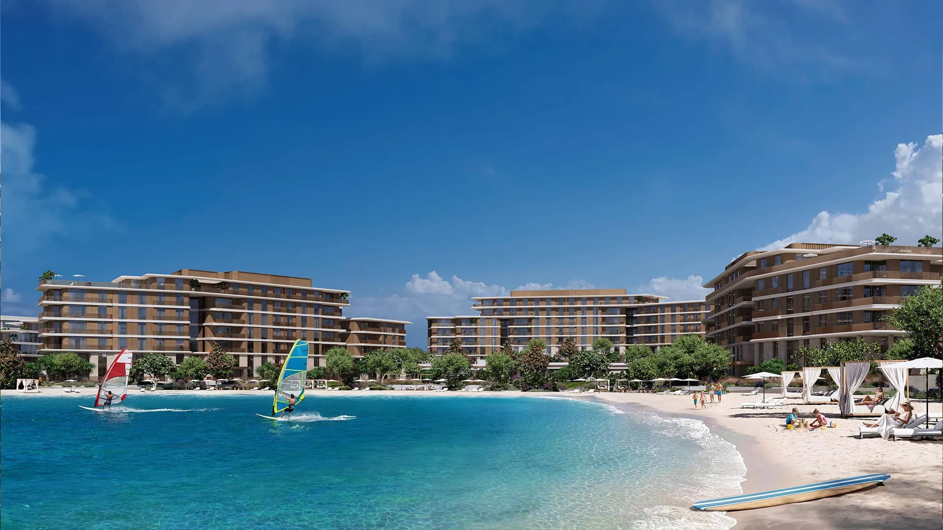 Render of the beachfront below the Palm Central buildings, with sailboarders on the water