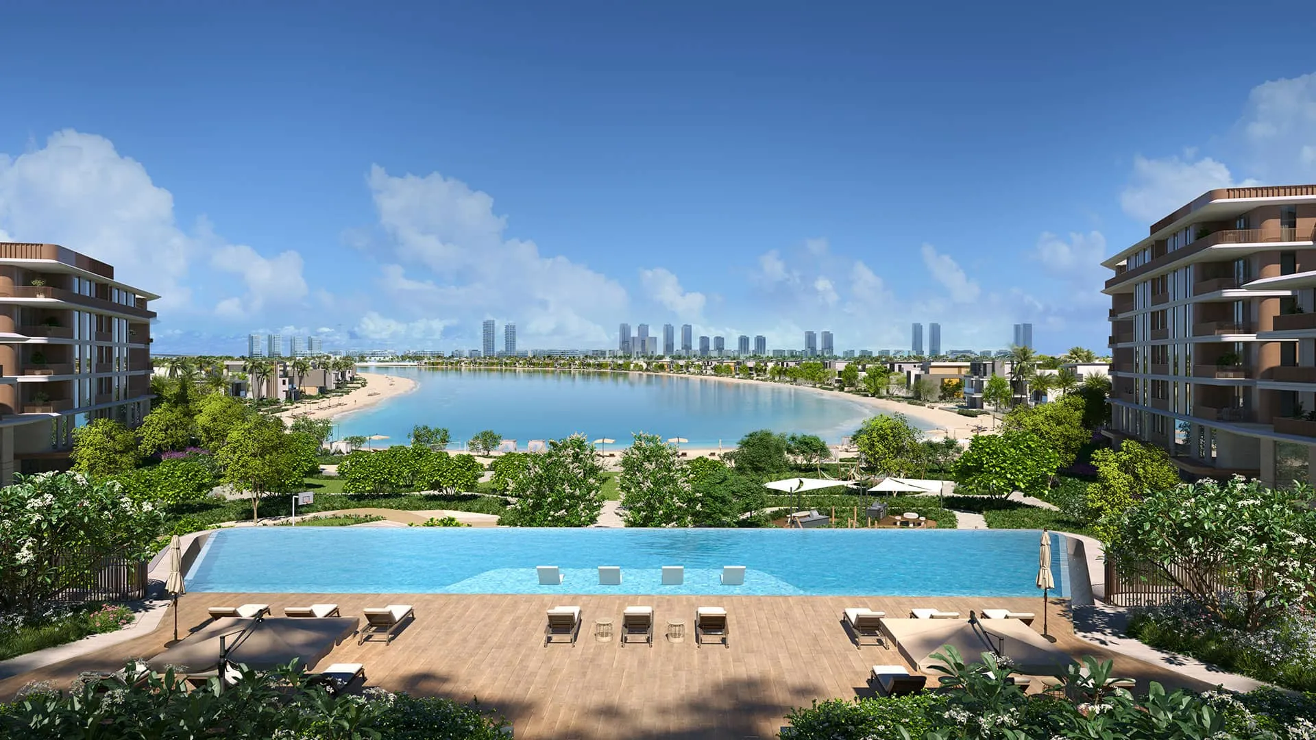 Render of an infinity pool and gardens between two Palm Central buildings, looking across the lagoon