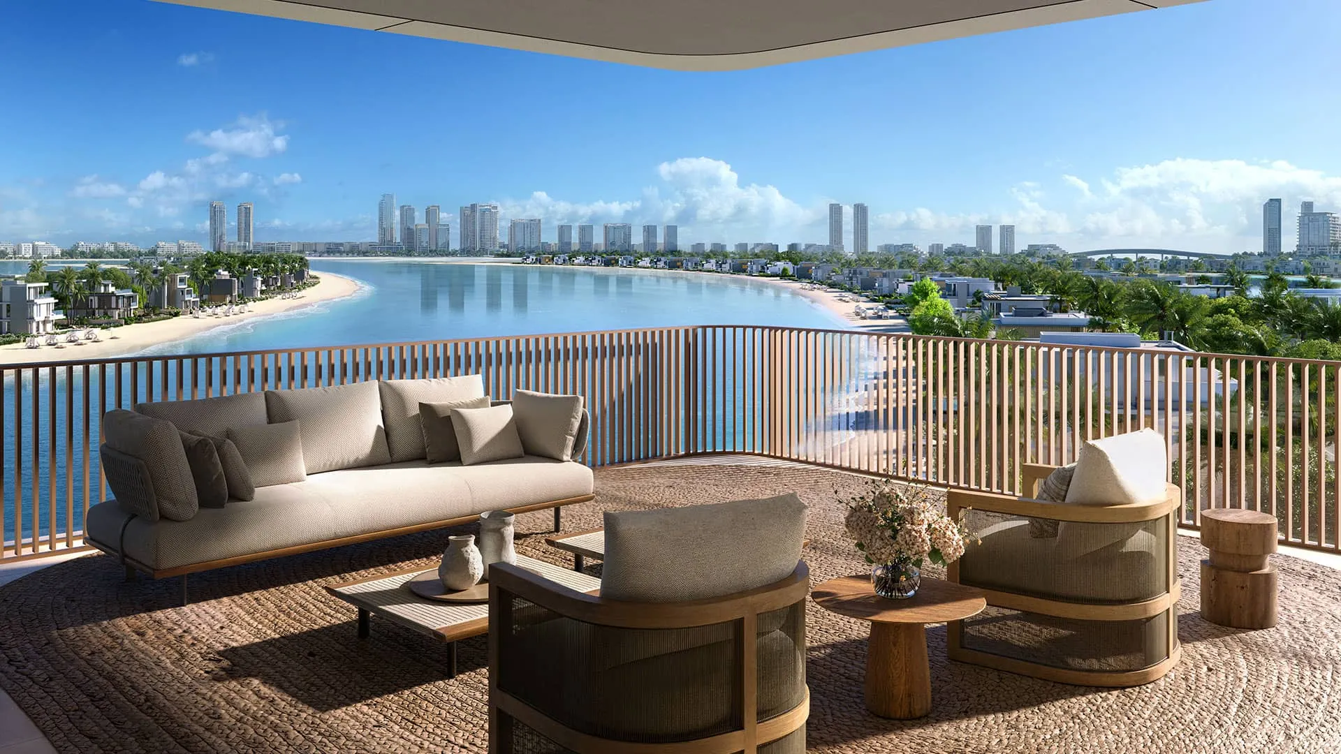 Render of a furnished terrace overlooking the water and the Palm Jebel Ali shoreline