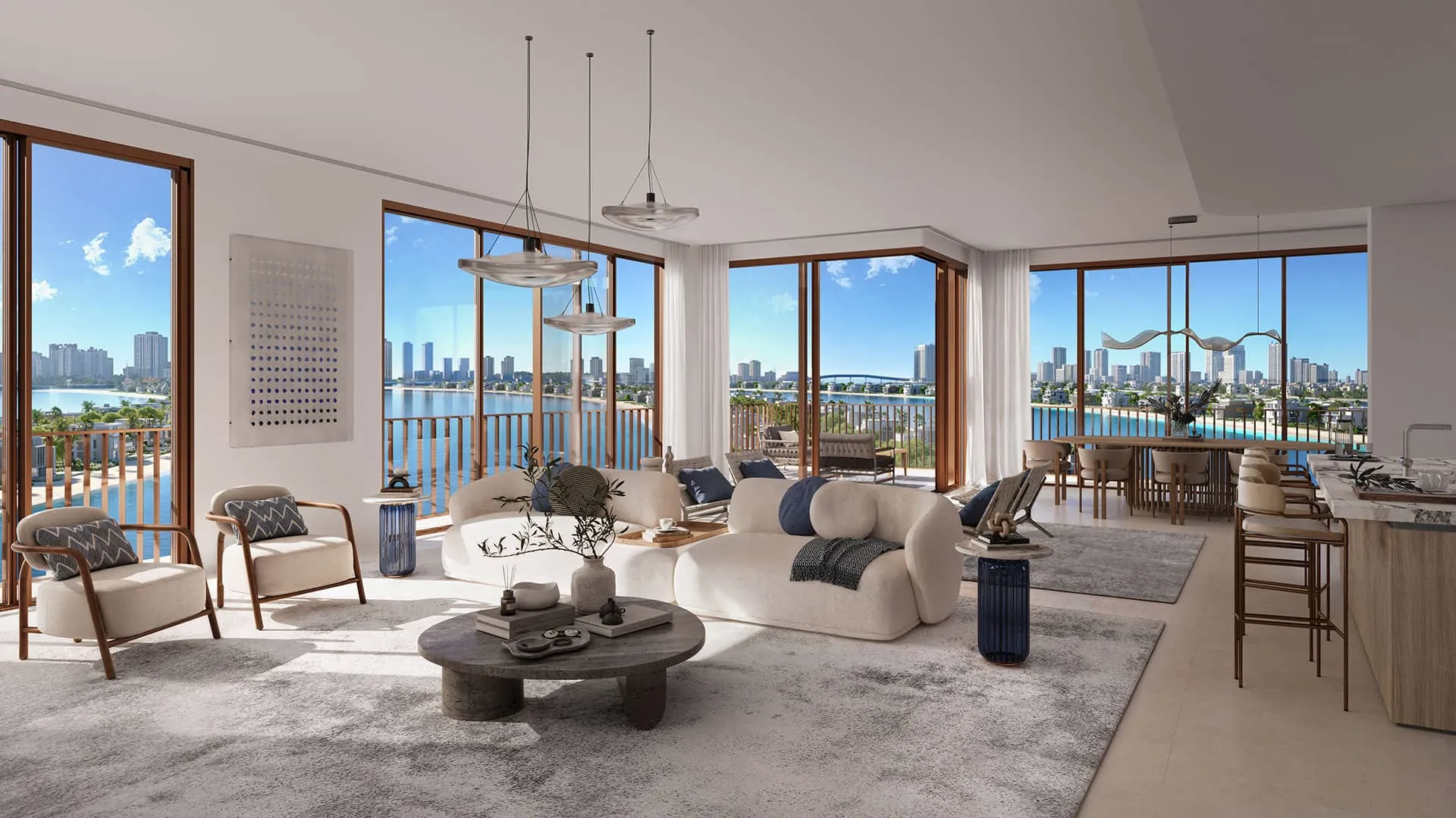 Render of an open-plan living and dining room with full-height windows facing the water