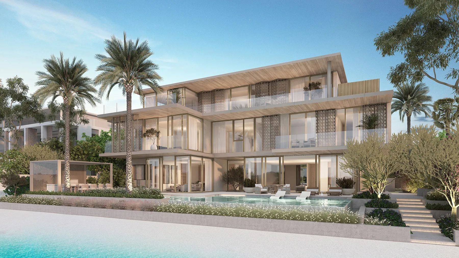 Render of the Redwood villa design facing the sea, with a pool and steps down to the sand