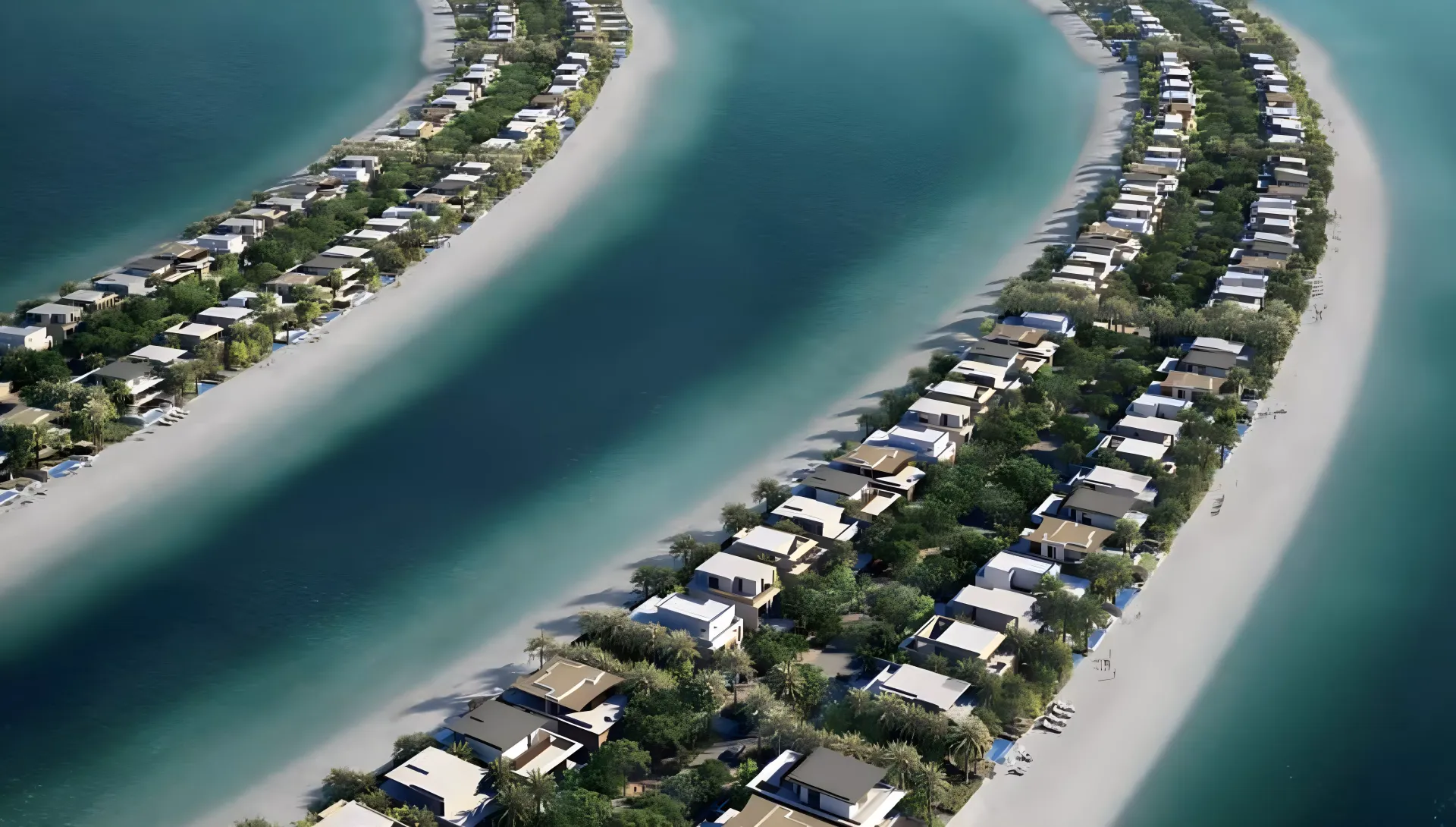 Aerial render of Palm Jebel Ali fronds lined with beachfront villas