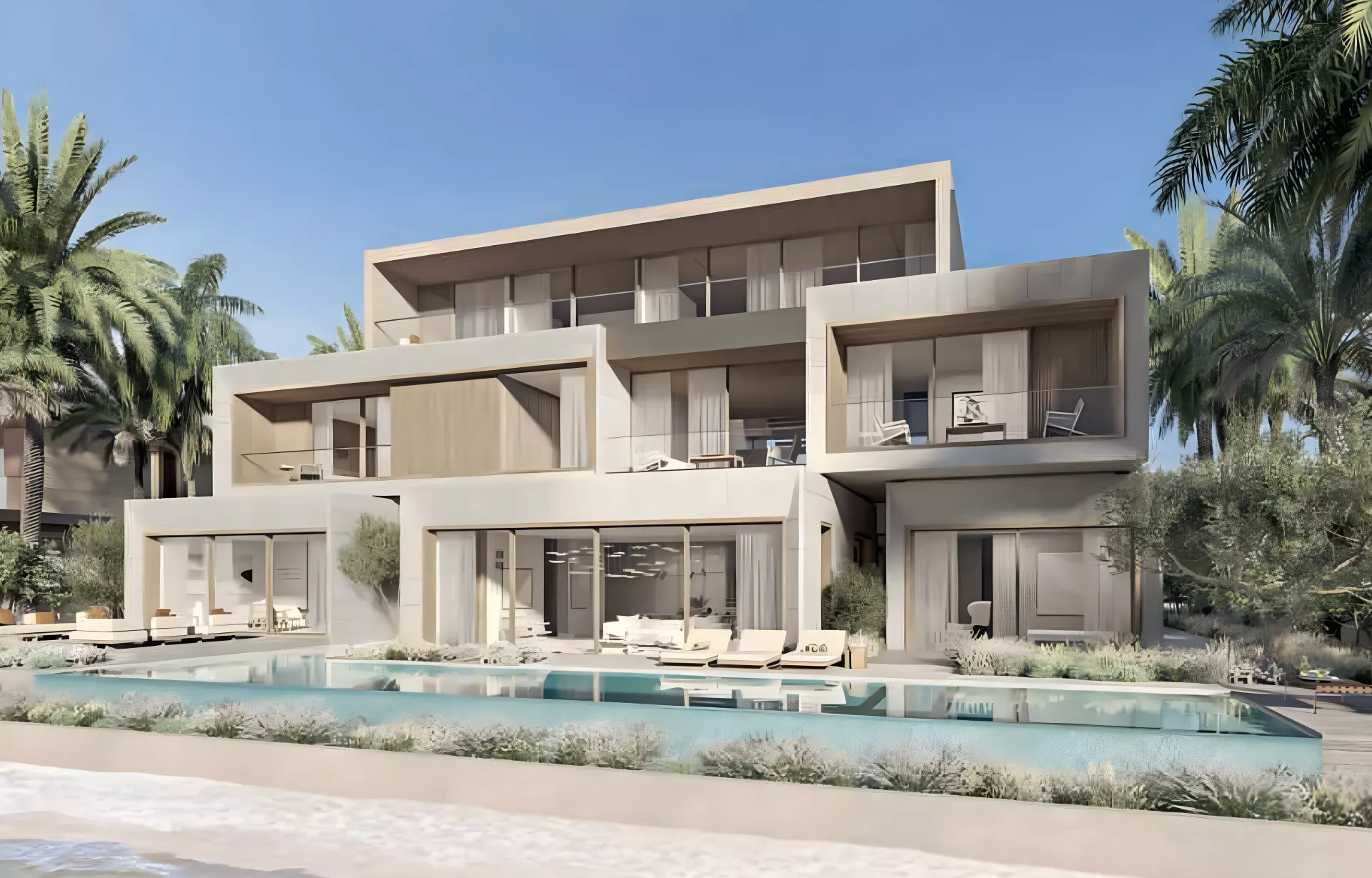 Render of a three-storey villa with stepped terraces behind a long pool on the beach