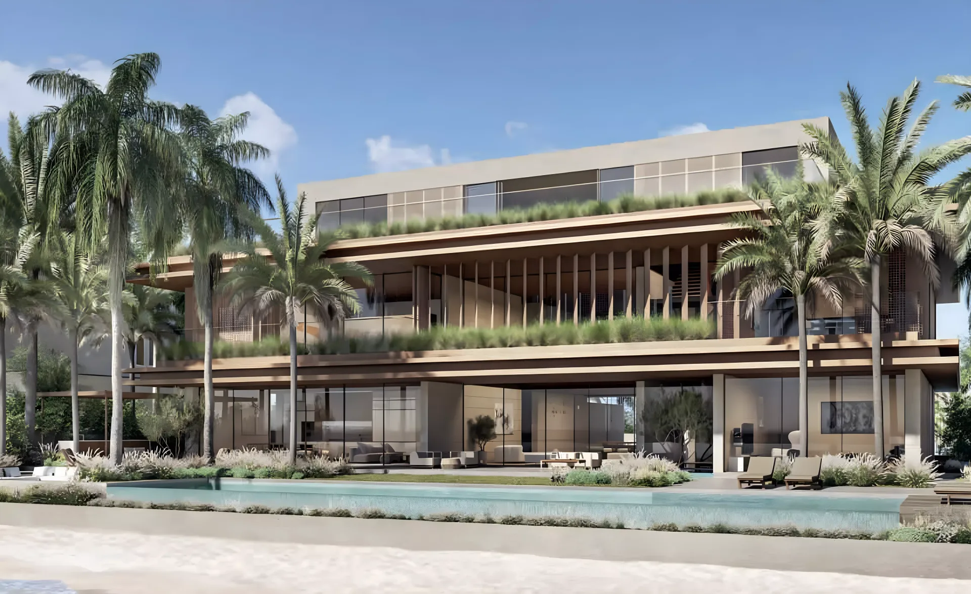 Render of a villa with planted terraces and timber screens beside a beachfront pool