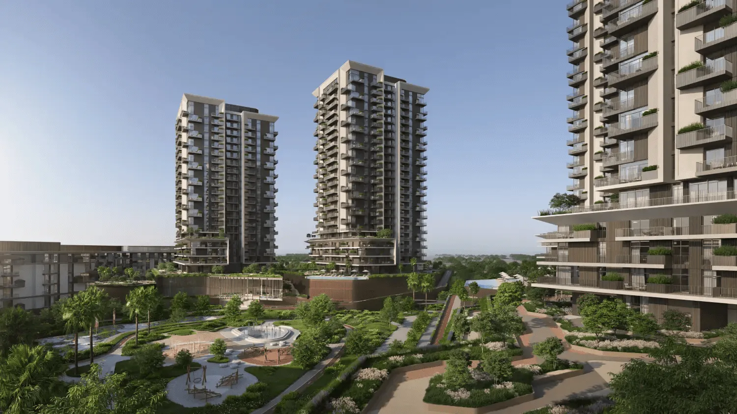 Render of two Rise by Athlon towers over Athlon's central park