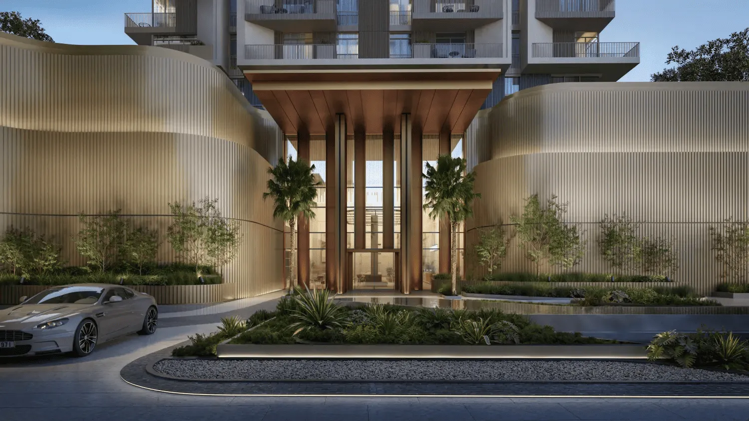 Render of a building entrance with a timber portal and planted drop-off