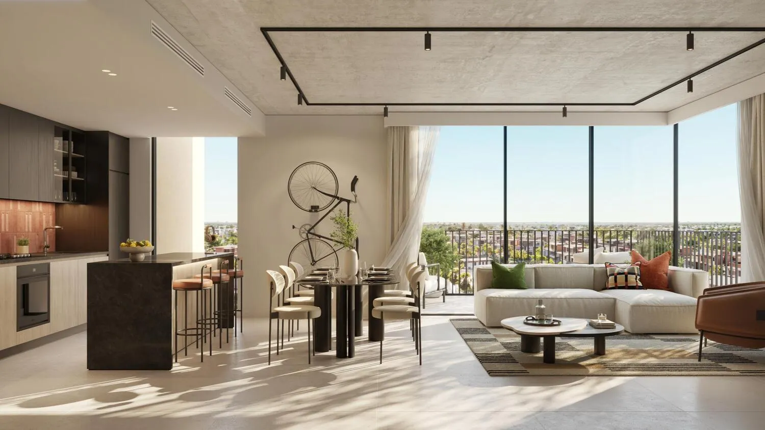 Render of an apartment's open-plan living room and kitchen with full-height windows