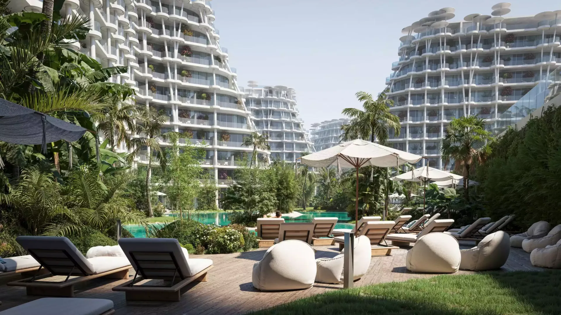 Render of a Sakura Gardens pool deck with loungers among gardens