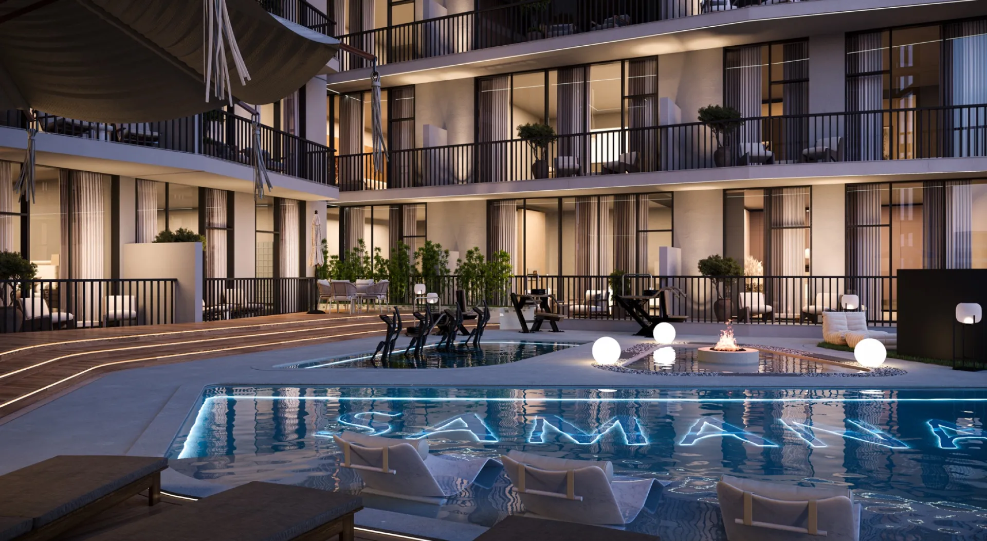 Podium pool deck with loungers at SAMANA Greenfield 2