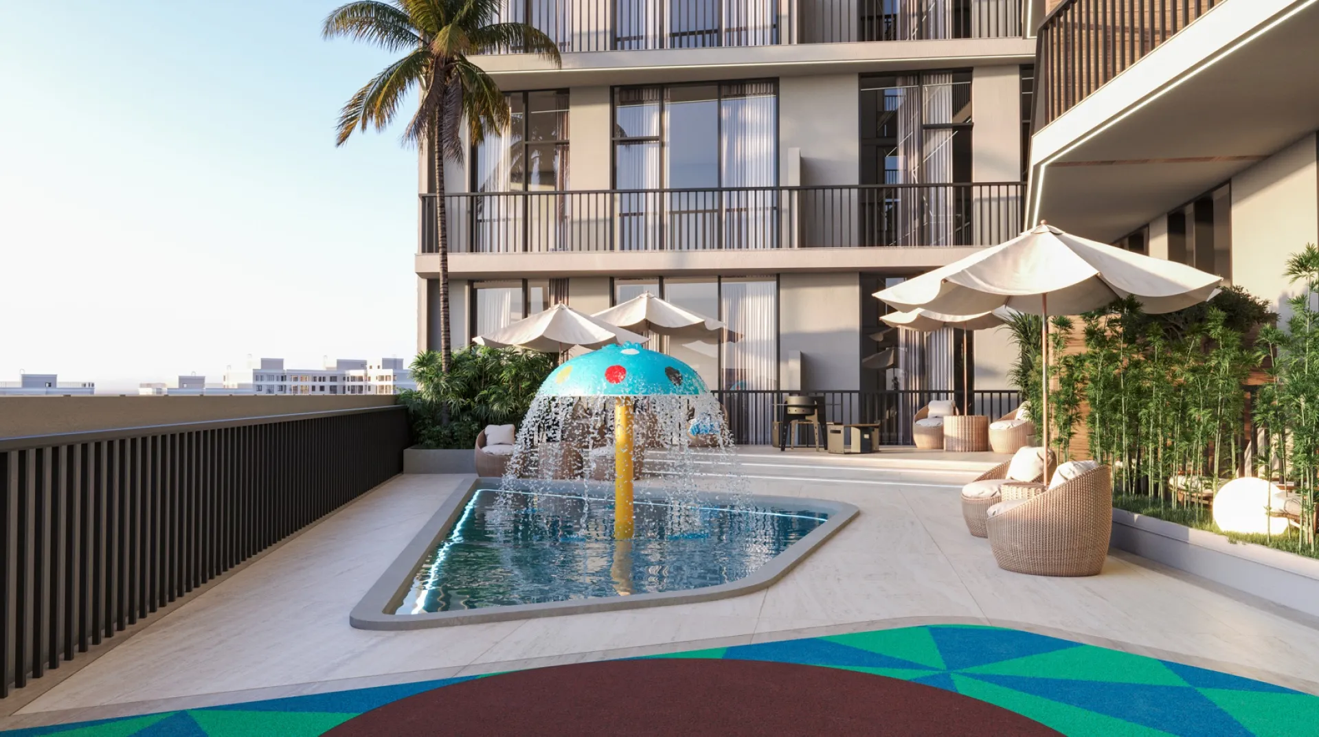 Children's splash pool on the podium at SAMANA Greenfield 2
