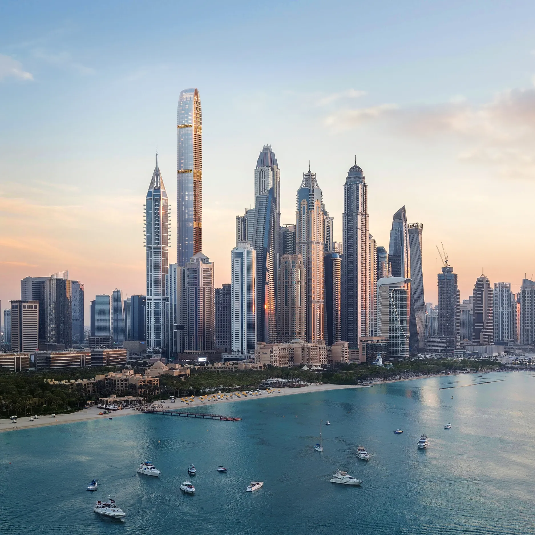 Render of the Dubai Marina skyline from the sea with the Six Senses tower