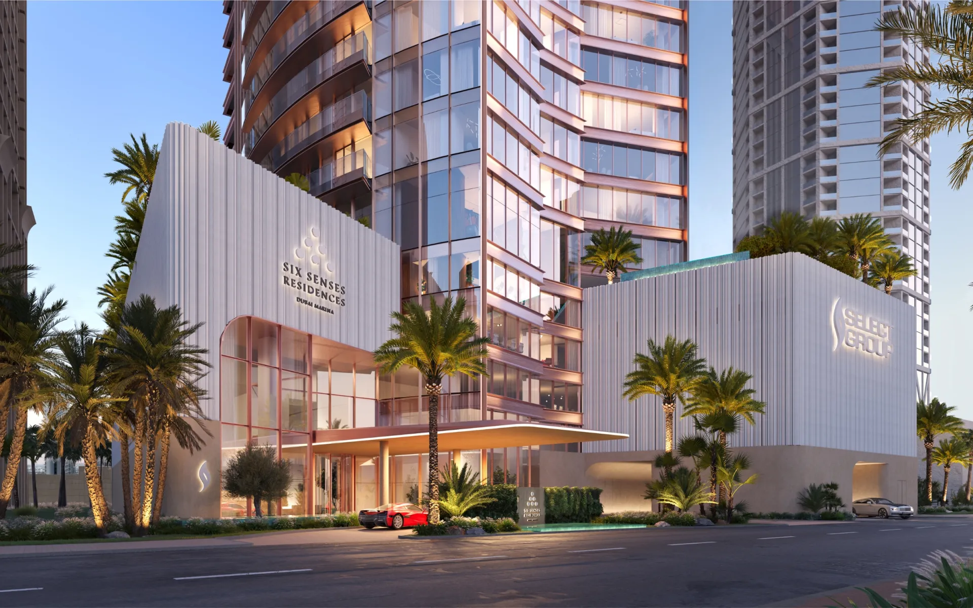 Street-level render of the Six Senses Residences Dubai Marina entrance