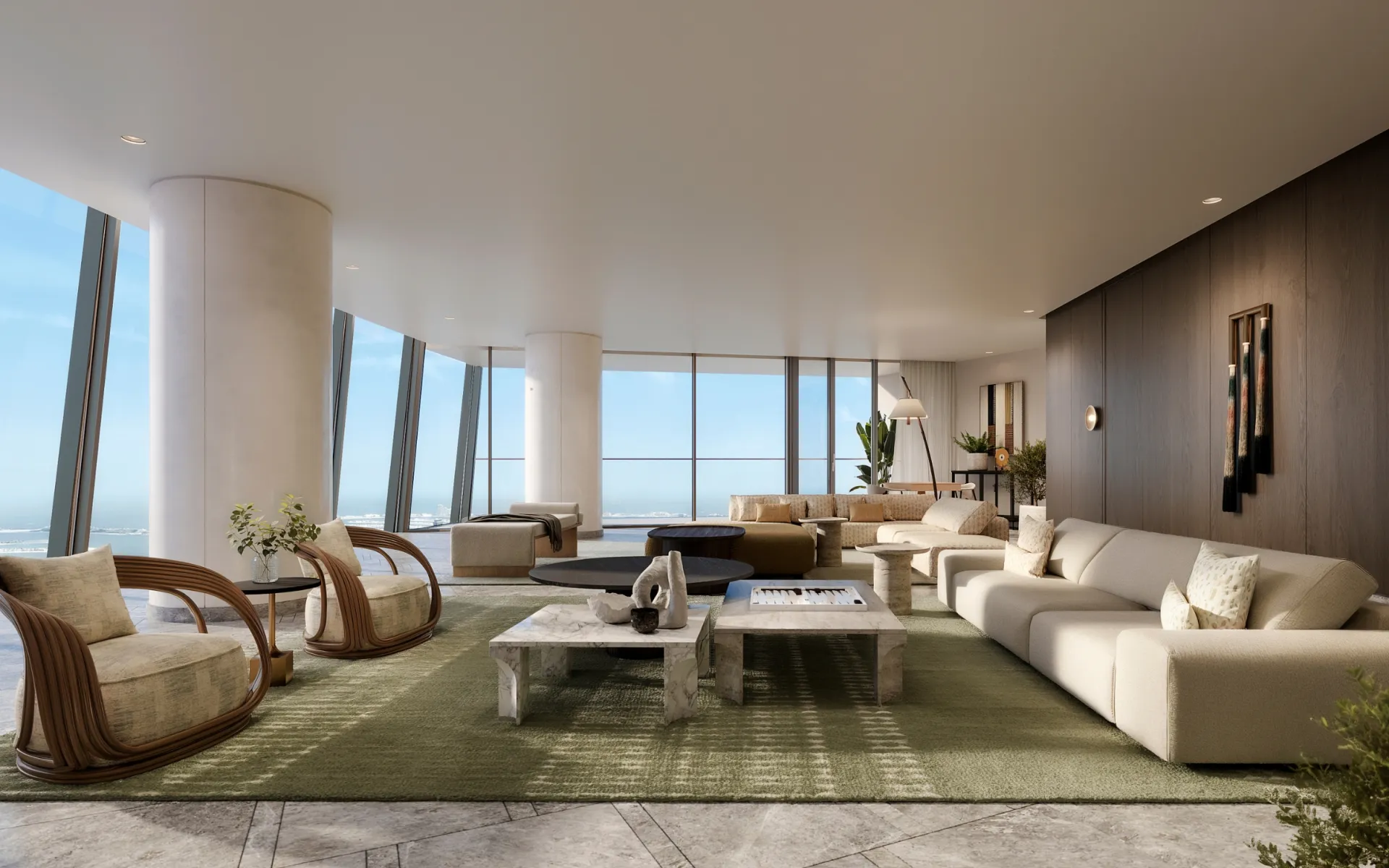 Render of a living room with floor-to-ceiling windows at Six Senses Residences Dubai Marina