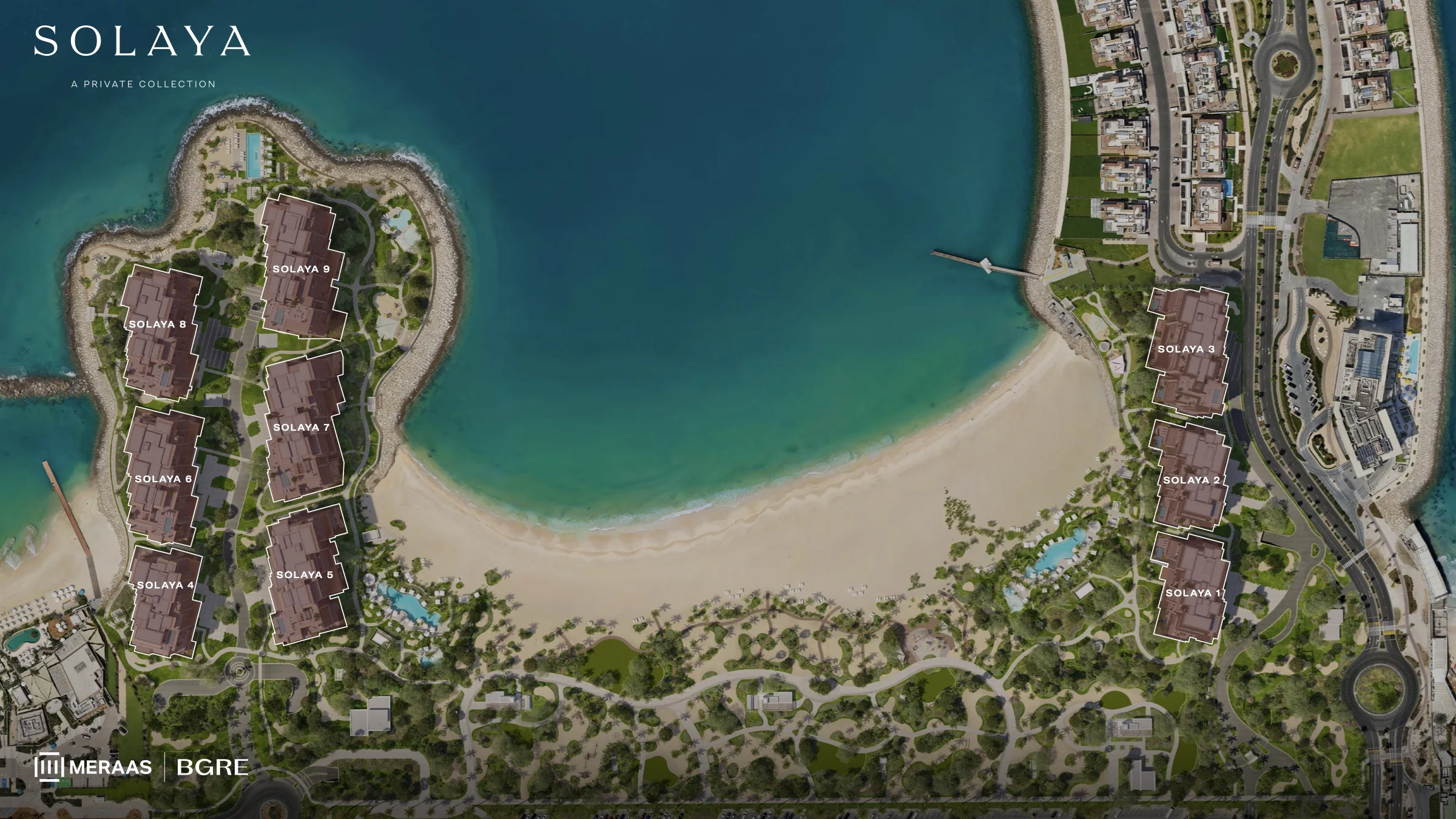 Solaya master plan showing the nine buildings, Solaya 1 to Solaya 9, around the bay