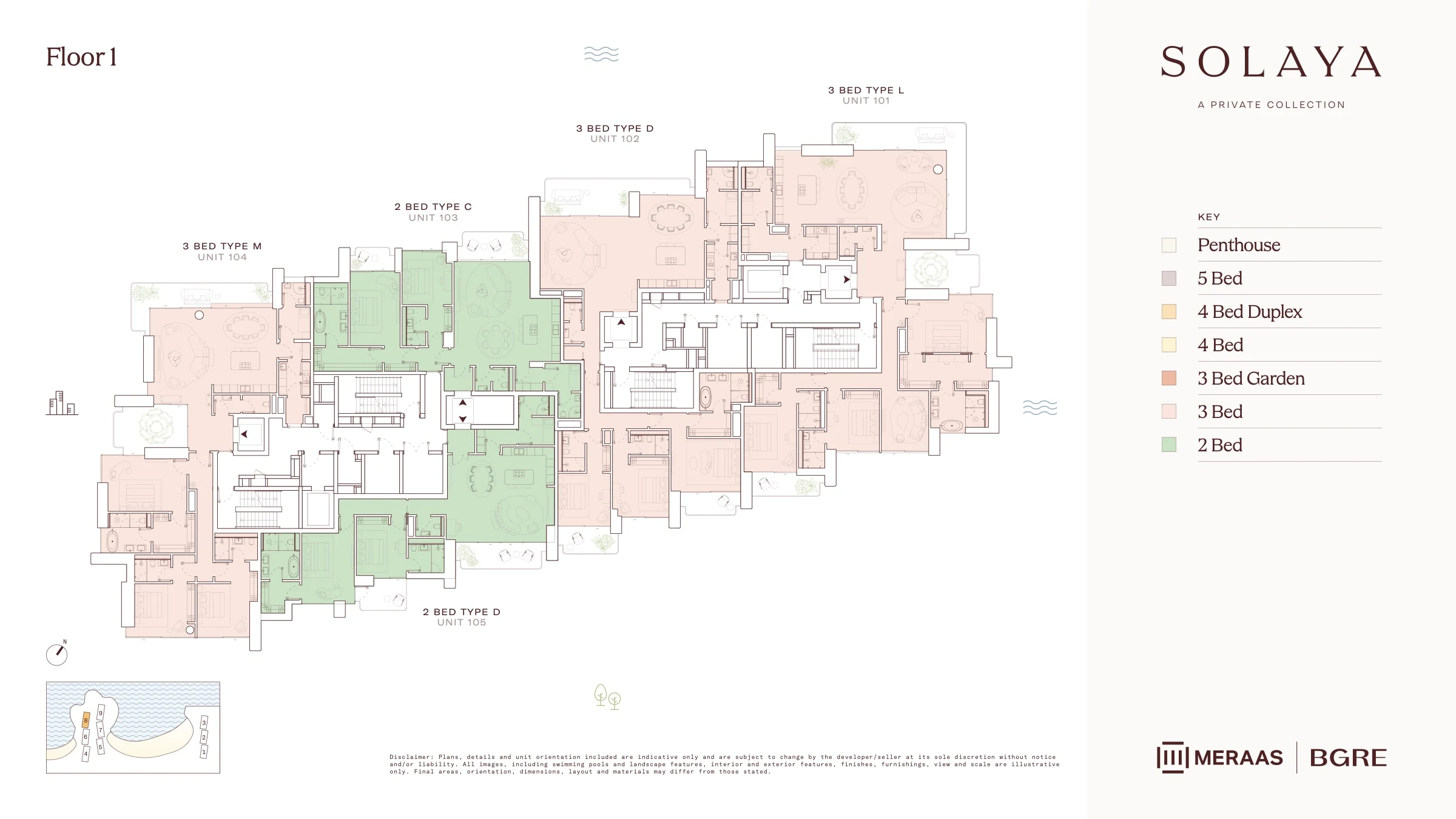 Solaya floor plate, floor 1, with 2-bedroom and 3-bedroom garden residences