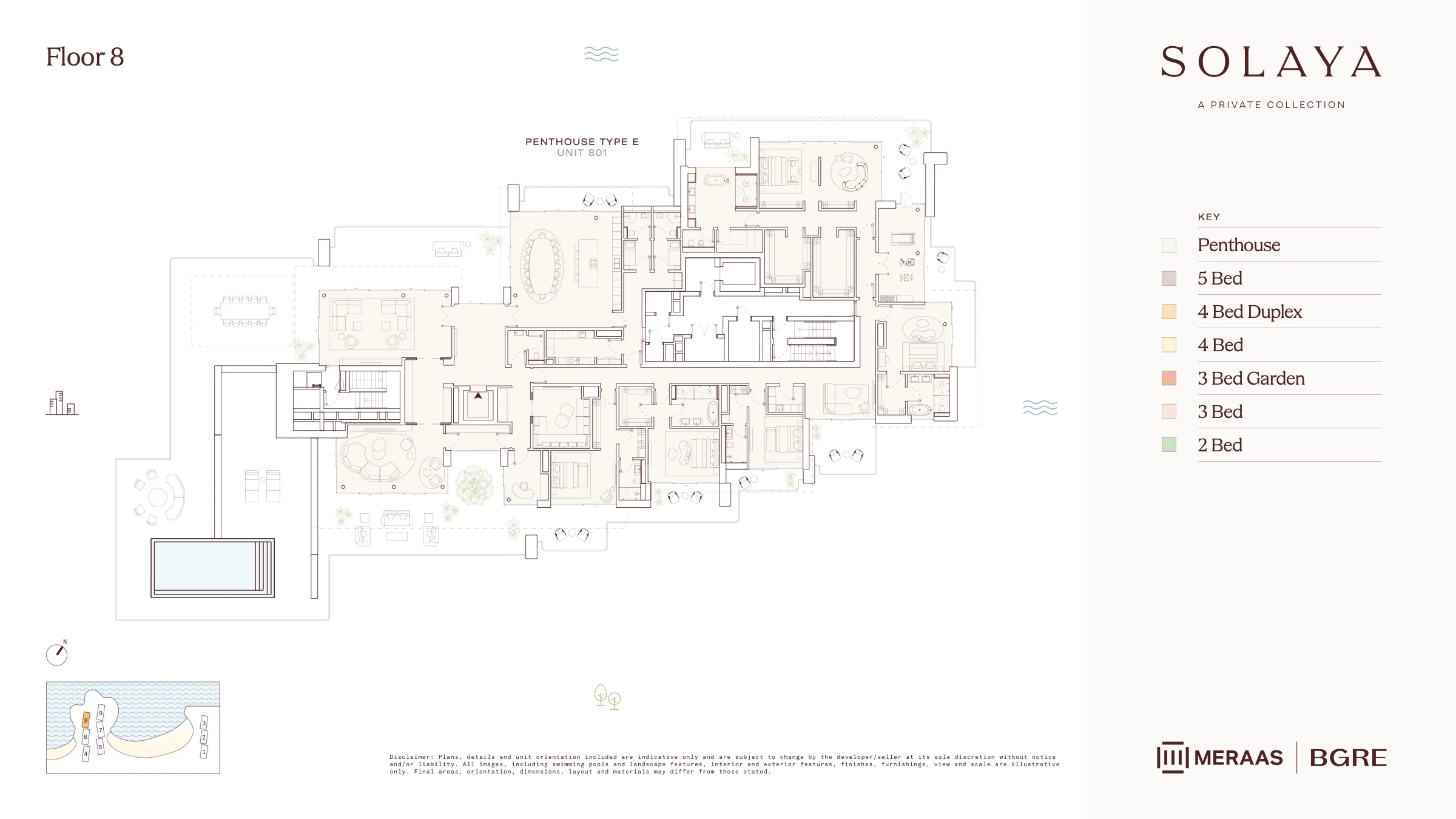 Solaya floor plate, floor 8, the penthouse level with a private pool