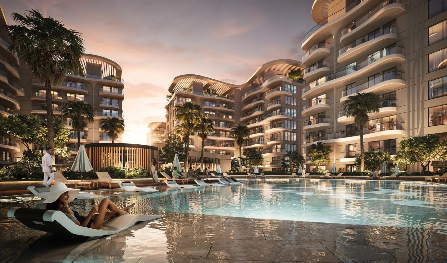 Sunset render of the Sorrento pool deck framed by curved residential buildings