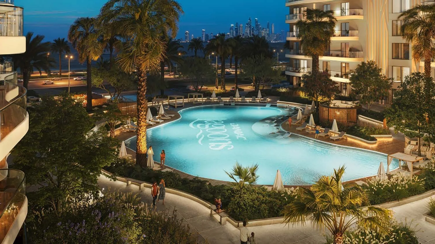 Dusk render of the Sorrento pool and gardens seen from a balcony, the Dubai skyline beyond