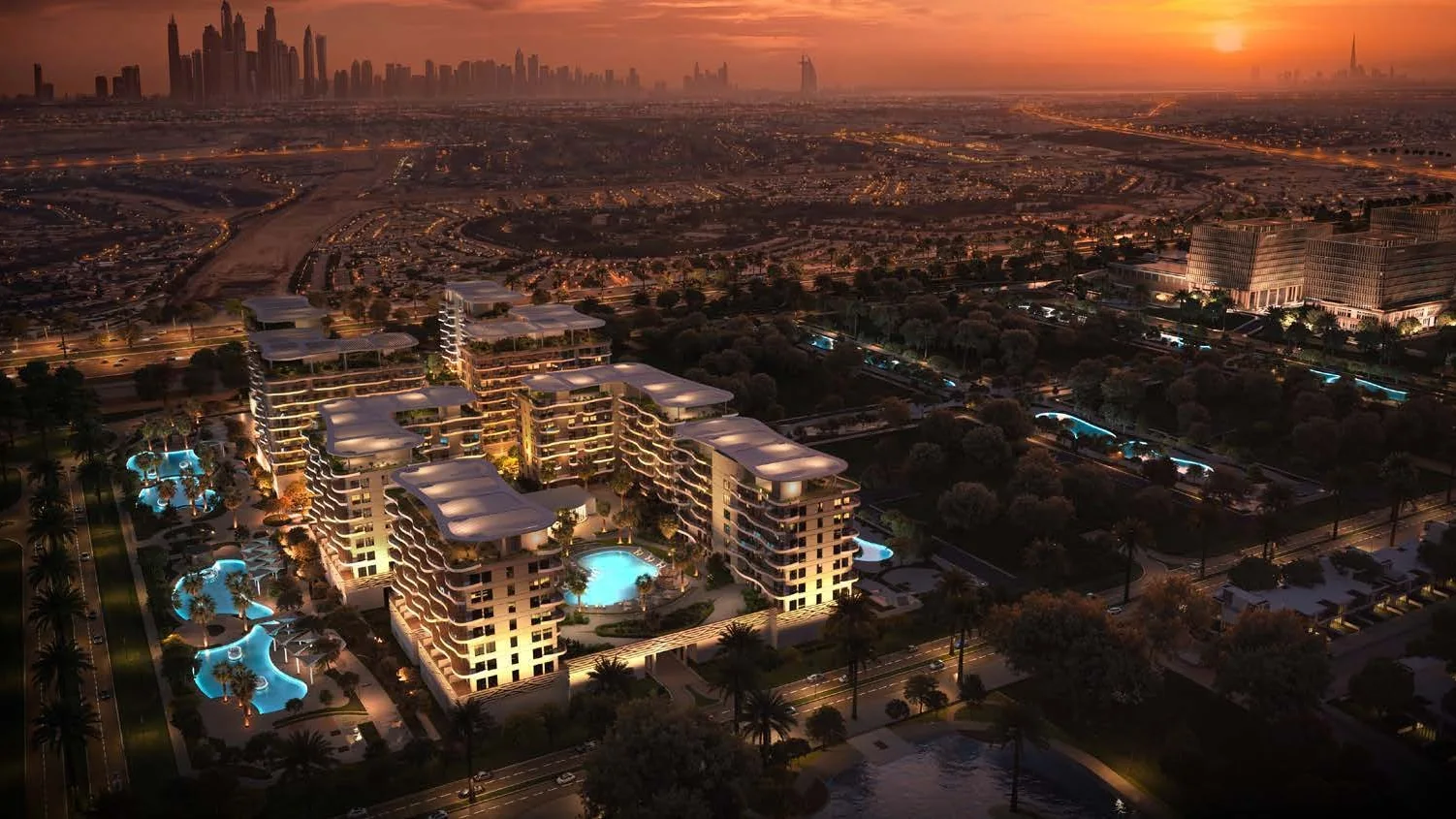 Aerial render of Sorrento at dusk with DAMAC Lagoons around it and the Dubai skyline on the horizon