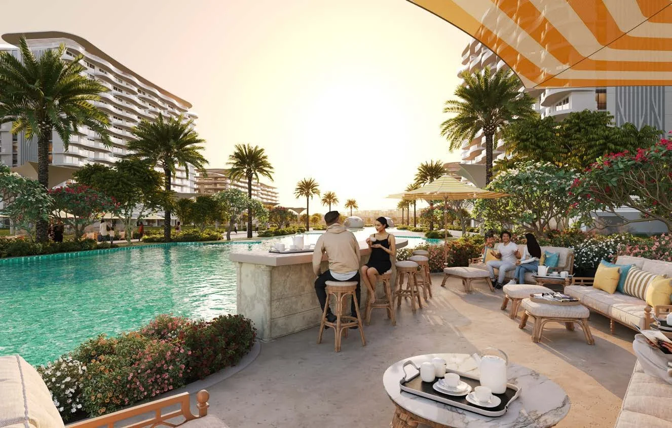Render of the pool bar and lounge seating beside the Sorrento lagoon pool