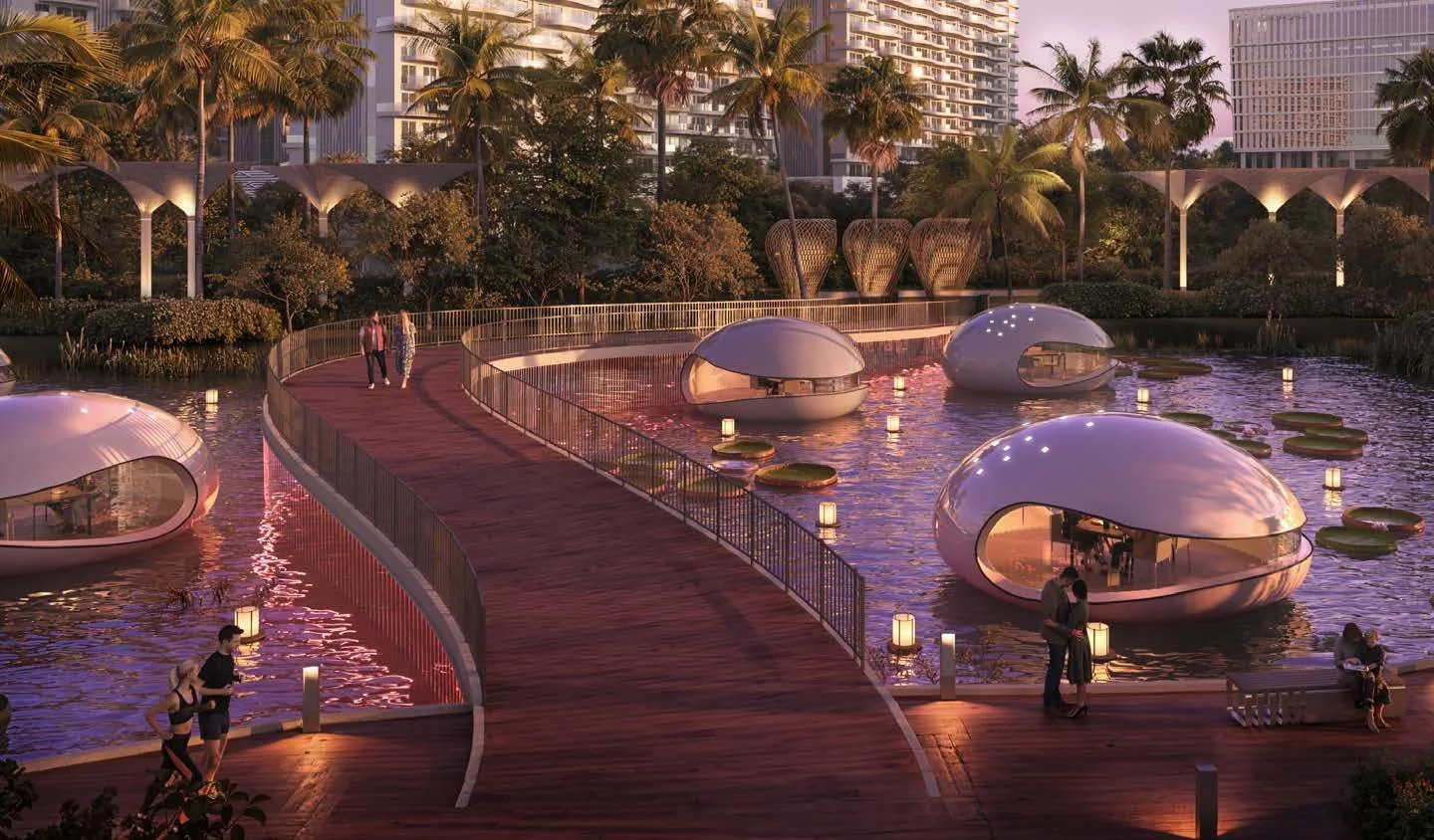 Evening render of a boardwalk over the water with floating lounge pods