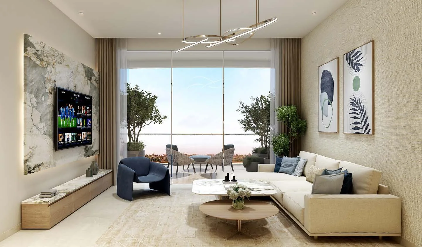 Interior render of a Sorrento living room with a balcony and outdoor seating
