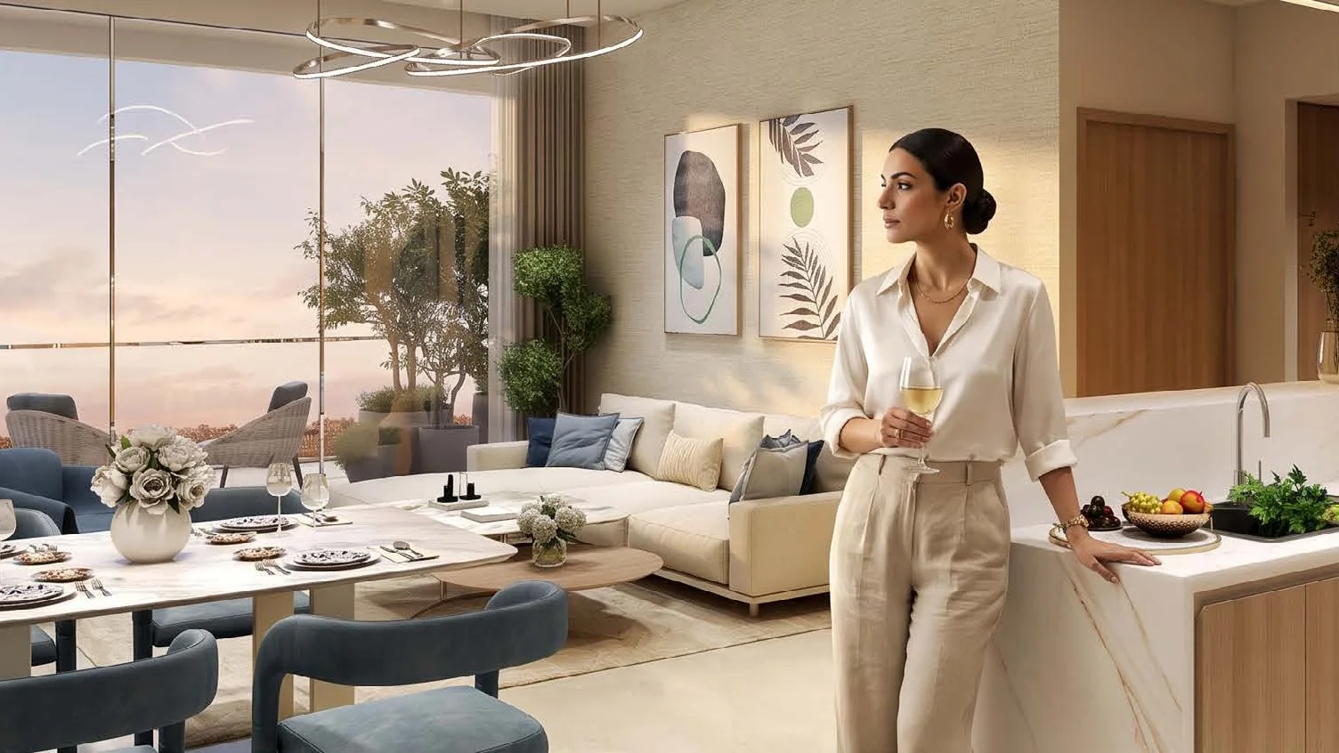 Interior render of an open-plan Sorrento living area, dining table and kitchen