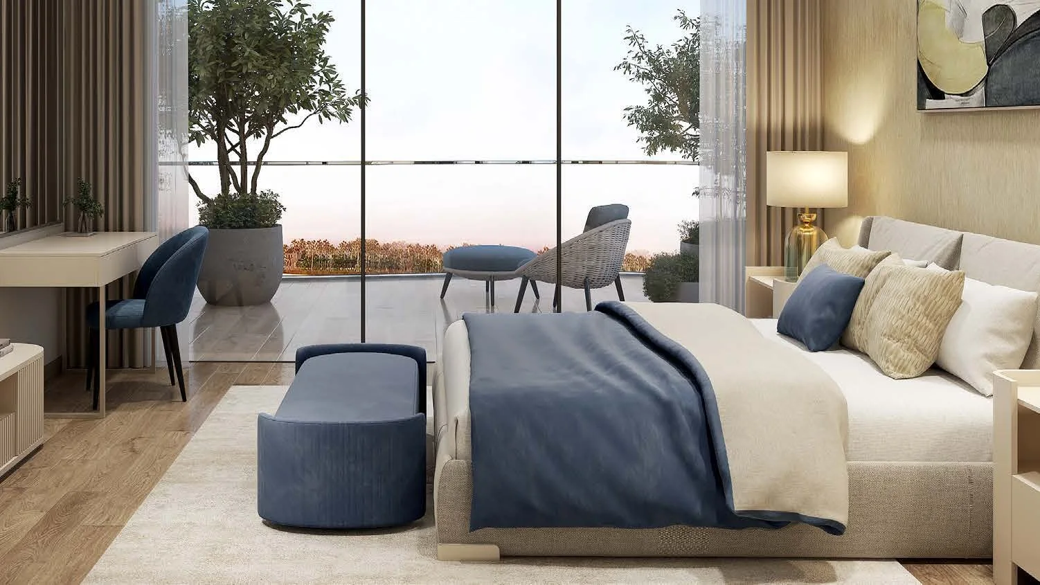 Interior render of a Sorrento bedroom opening onto a balcony