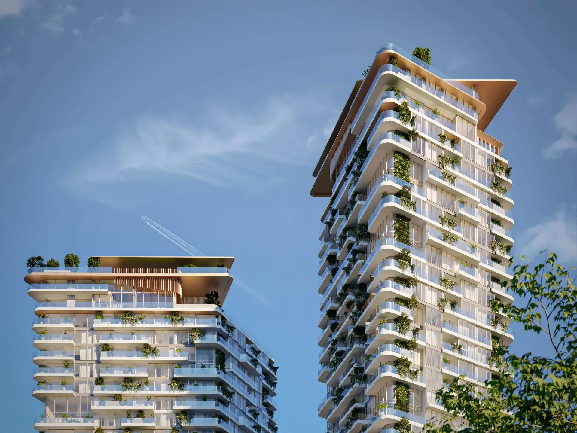 Render of the upper floors of Soulever's two towers against a blue sky