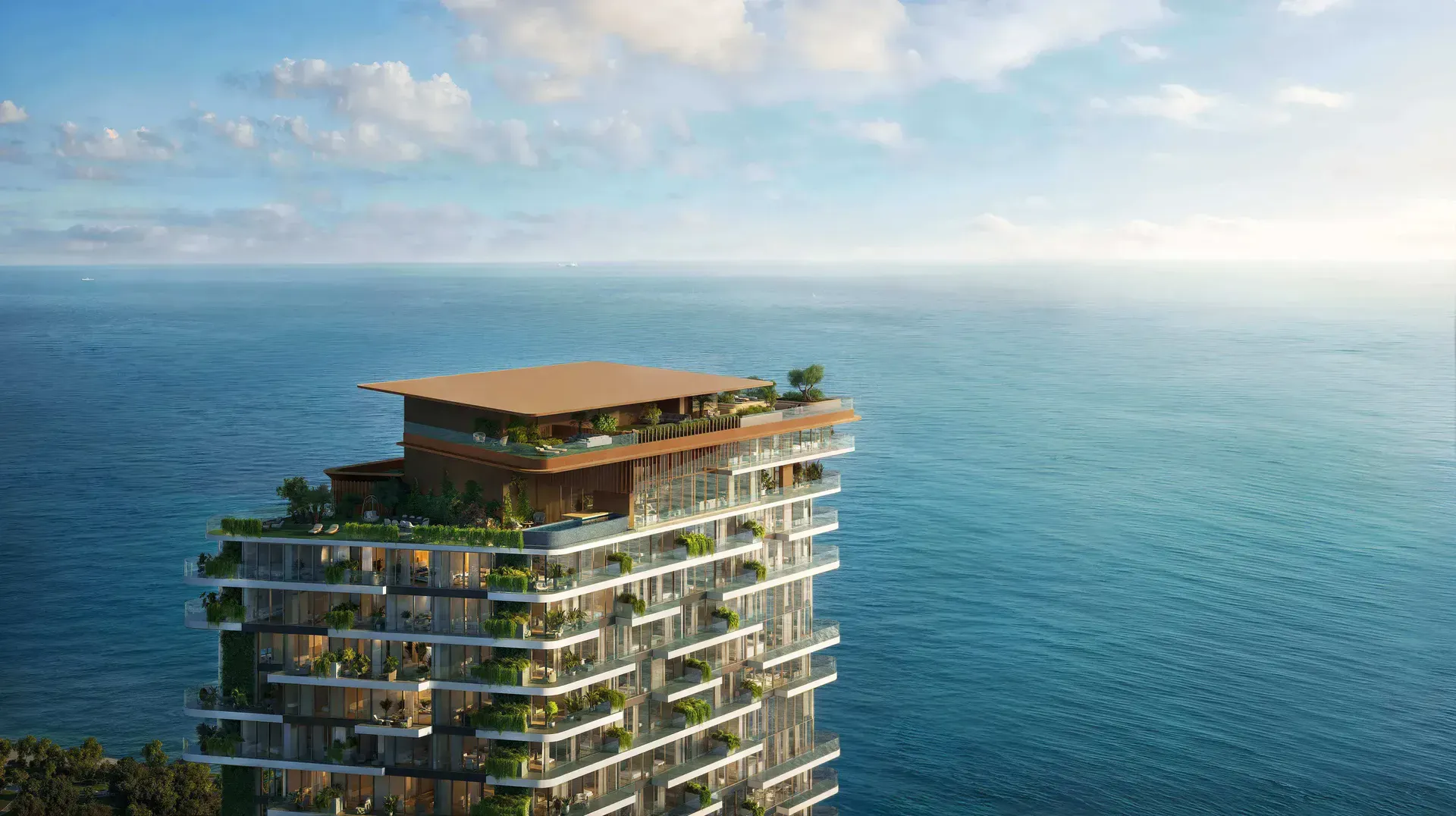 Render of a Soulever tower crown with planted terraces above the sea
