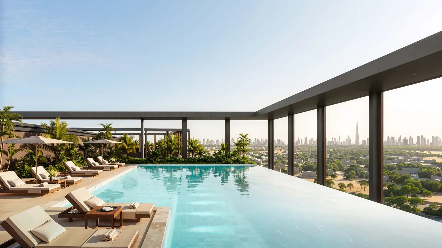 Rooftop pool with loungers and a skyline view at The Archive
