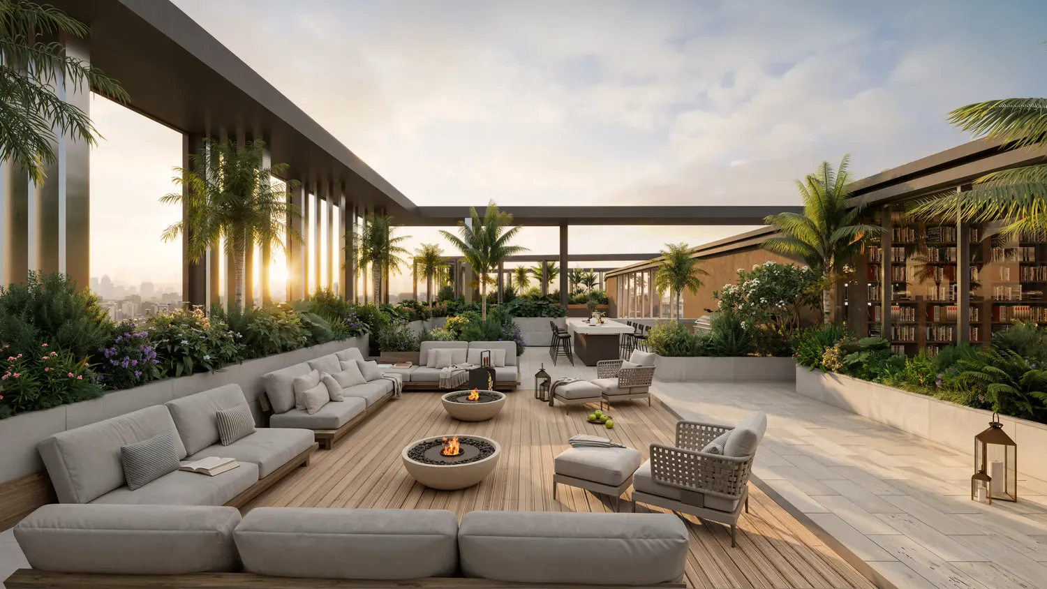 Outdoor lounge with fire pit on the amenity deck at The Archive