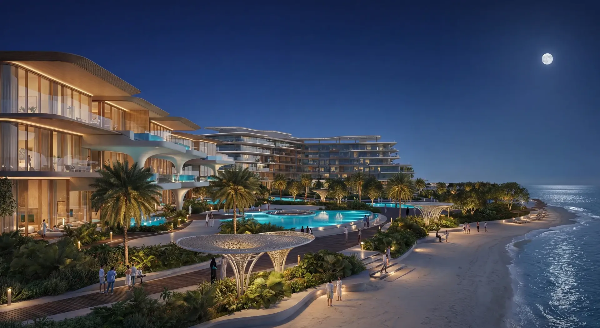Beachfront promenade and pools at night, developer render