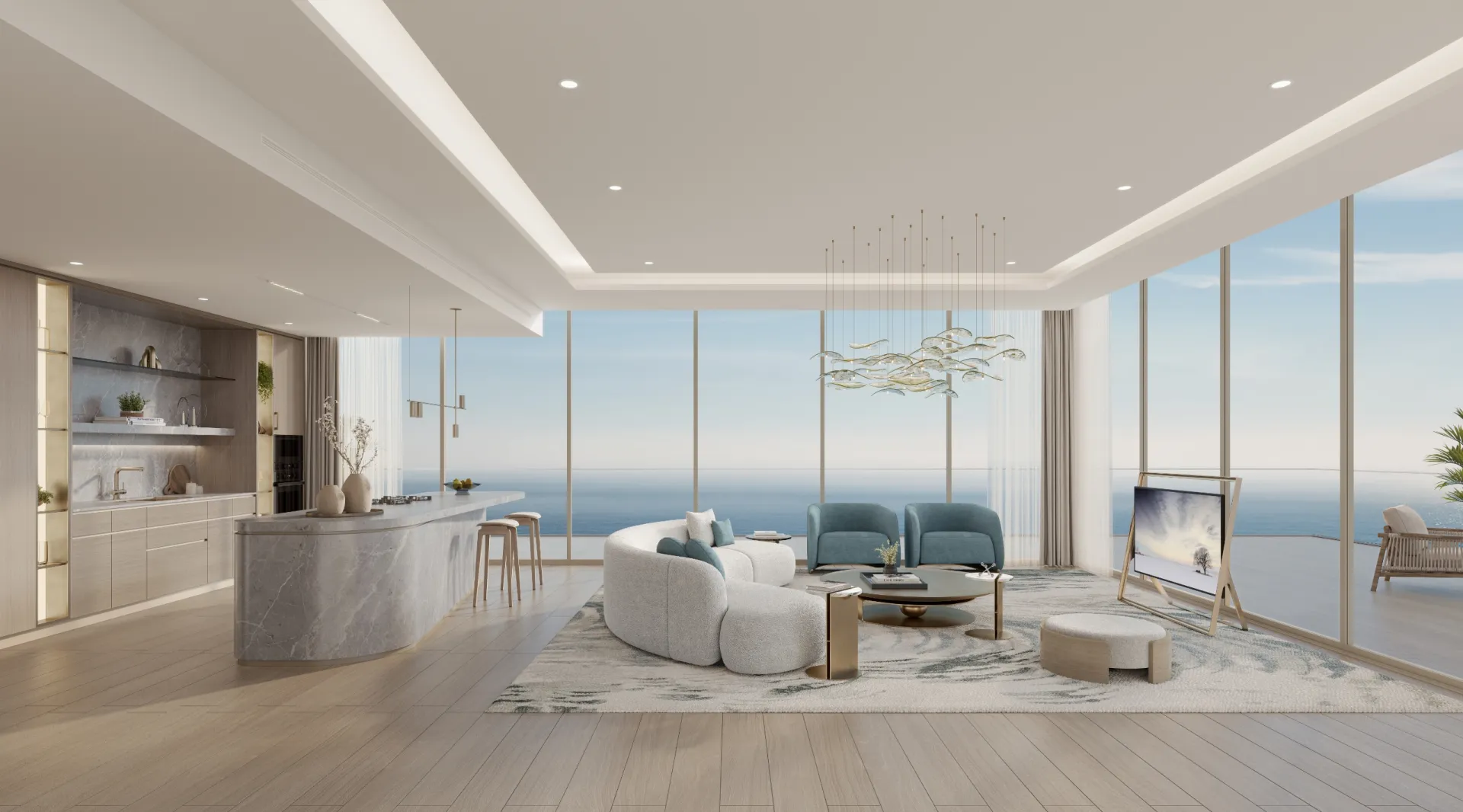 Apartment living area with a sea view, developer render