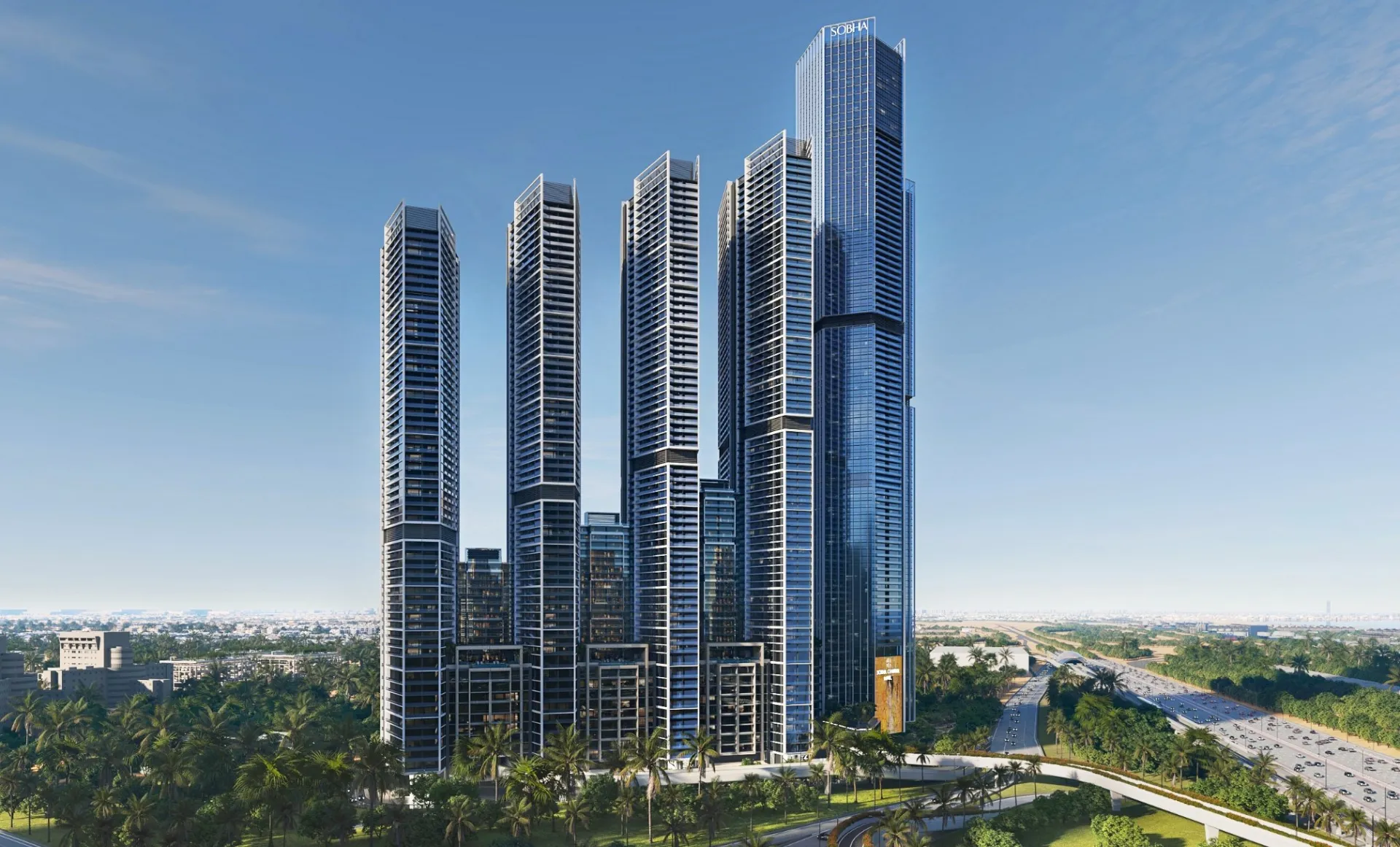Sobha Central towers above landscaped grounds, developer render