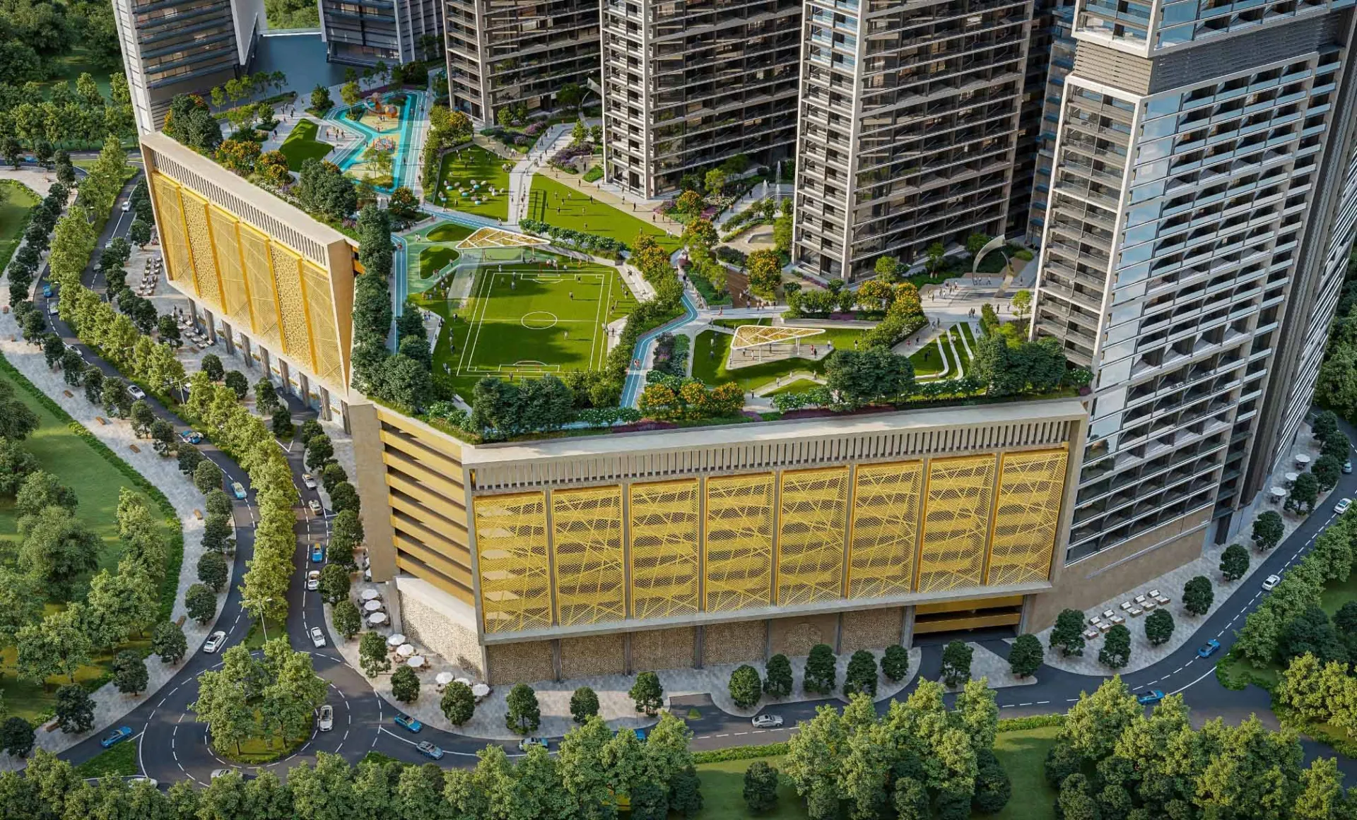 Sobha Central podium and landscaped deck from above, developer render