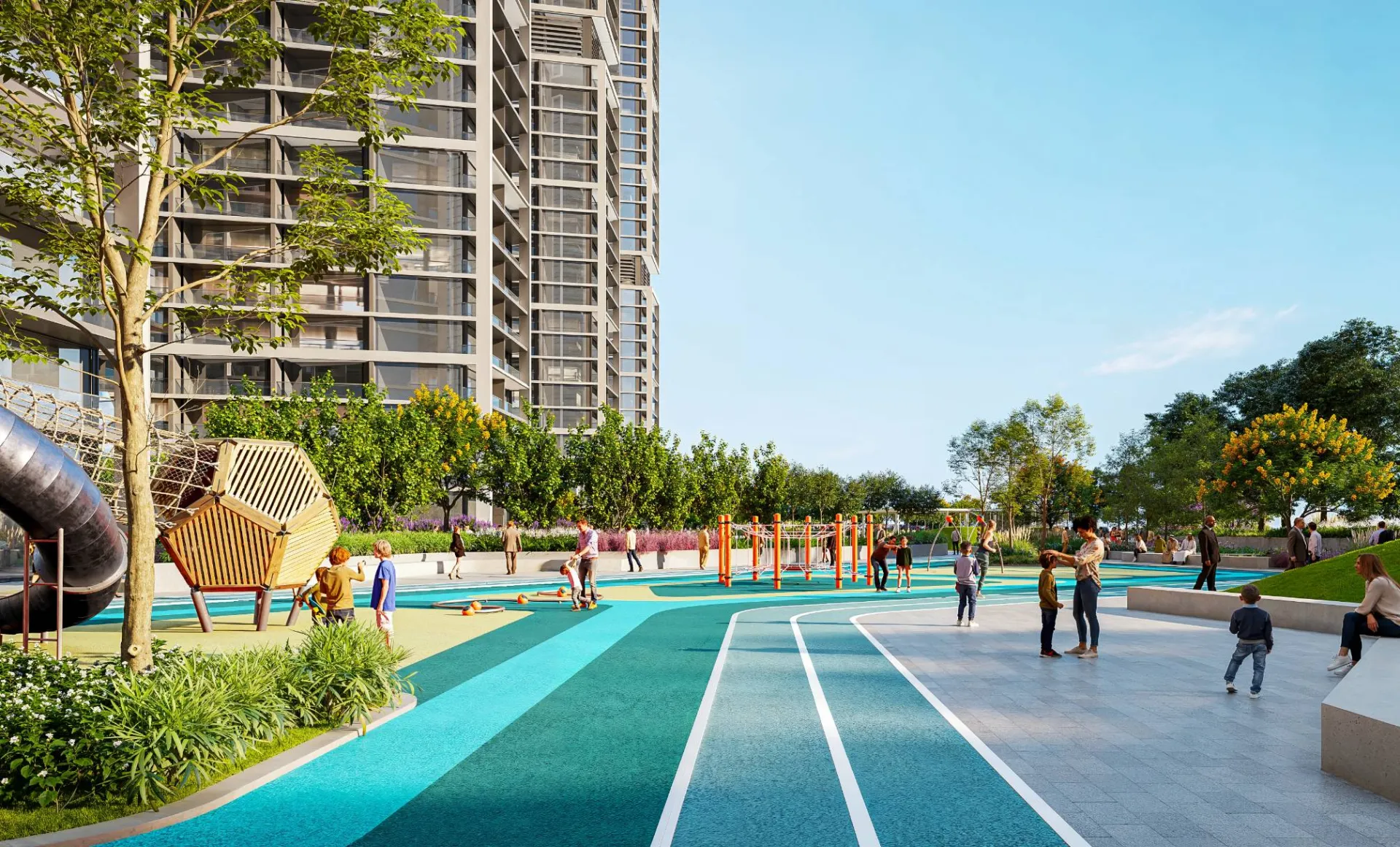 Running track and children's play area on the podium, developer render