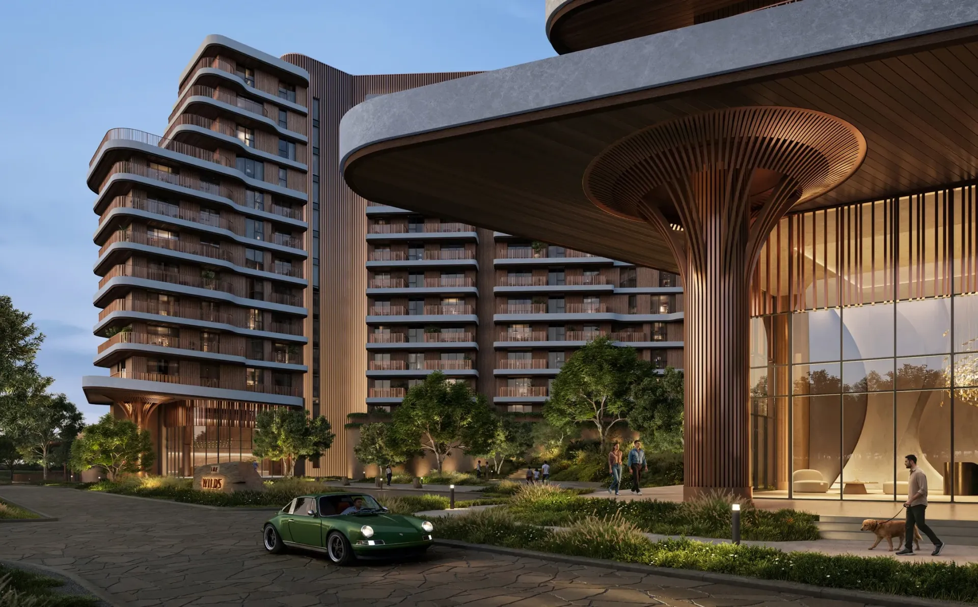 Render of a building entrance with a tree-like timber canopy and a drop-off drive